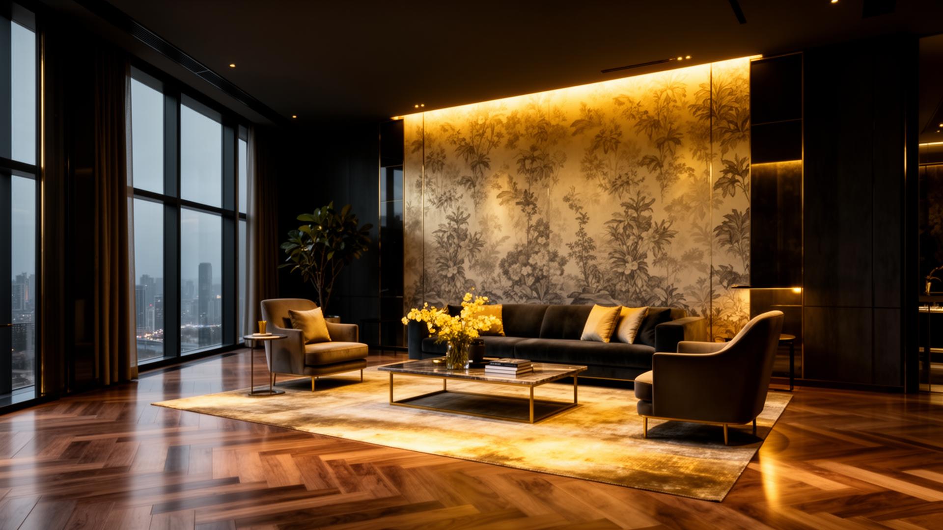 Luxury modern interior with feature wallpaper and wooden flooring